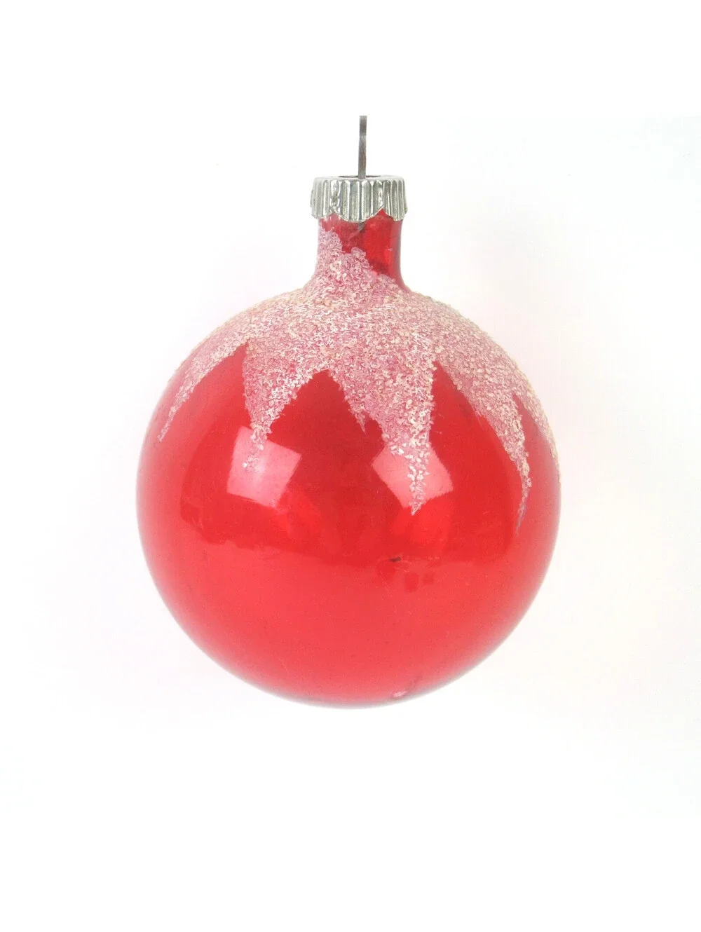 Vintage Shiny Brite Unsilvered Glass Christmas Ornament Red Ball Mica Snow 3